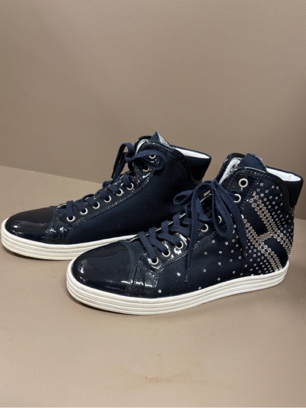 Hogan Rebel Navy High-Top Sneakers with Crystal & Navy Patent Accents, EU Brand